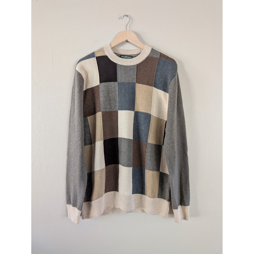 VTG Norm Thompson Men Patchwork Crewneck Sweater L Cotton Cashmere Blend Checker